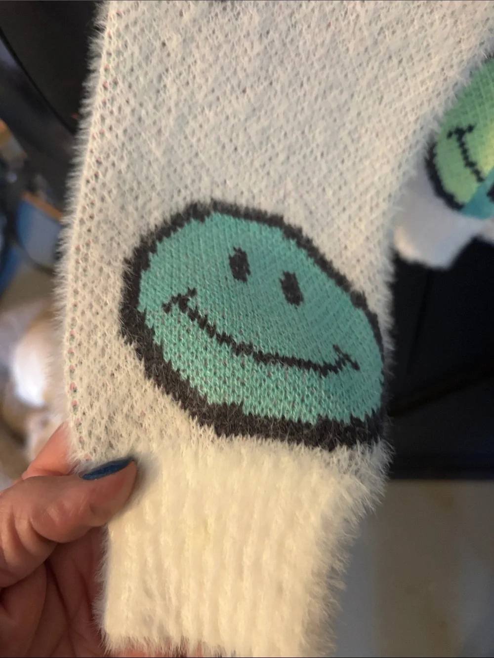 Justice White Fuzzy Sweater with Pink, Mint and Lime Smiley Faces